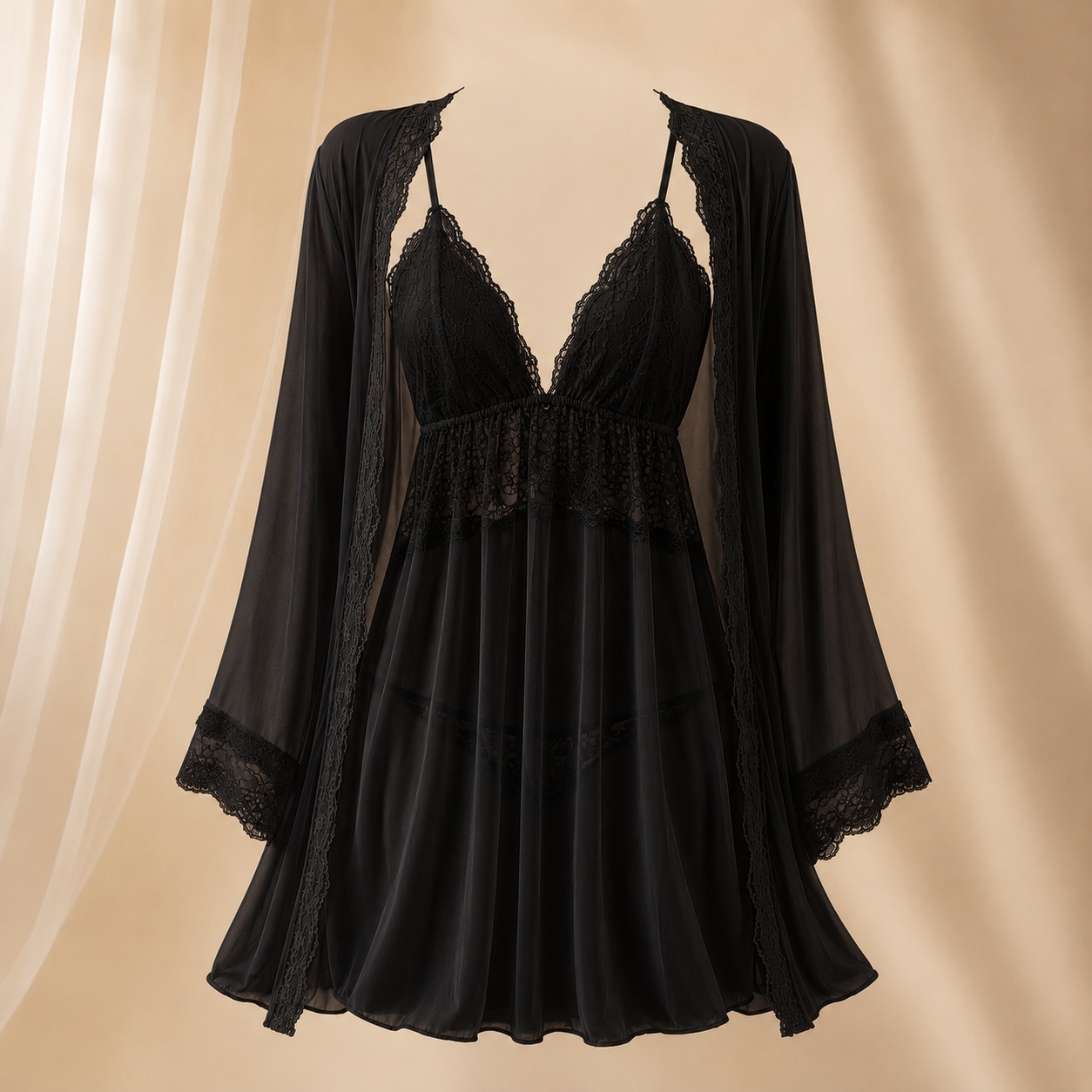 Lace Trim Bridal Nightwear Set with Sheer Robe