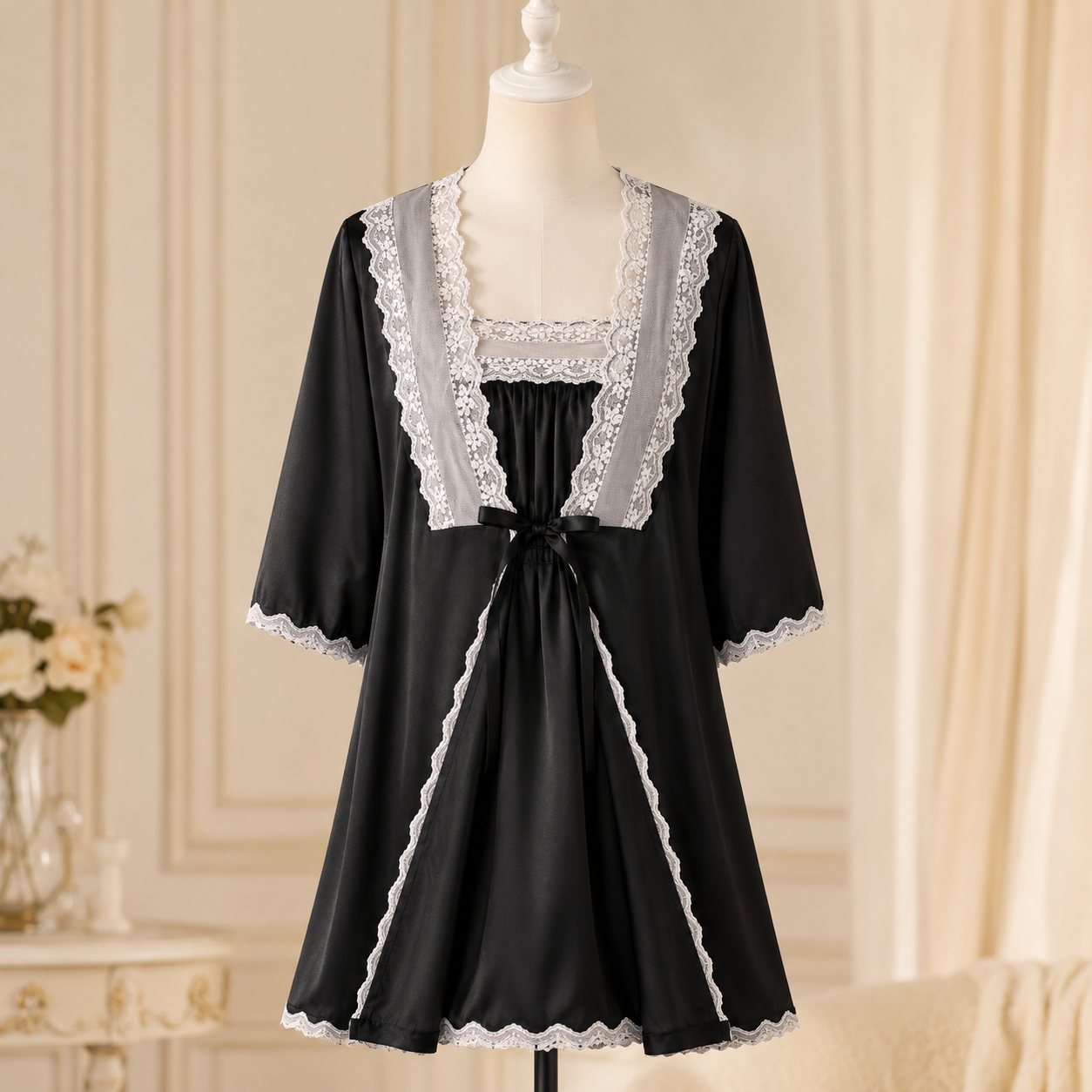 Satin Lace Nightwear Set with Matching Robe