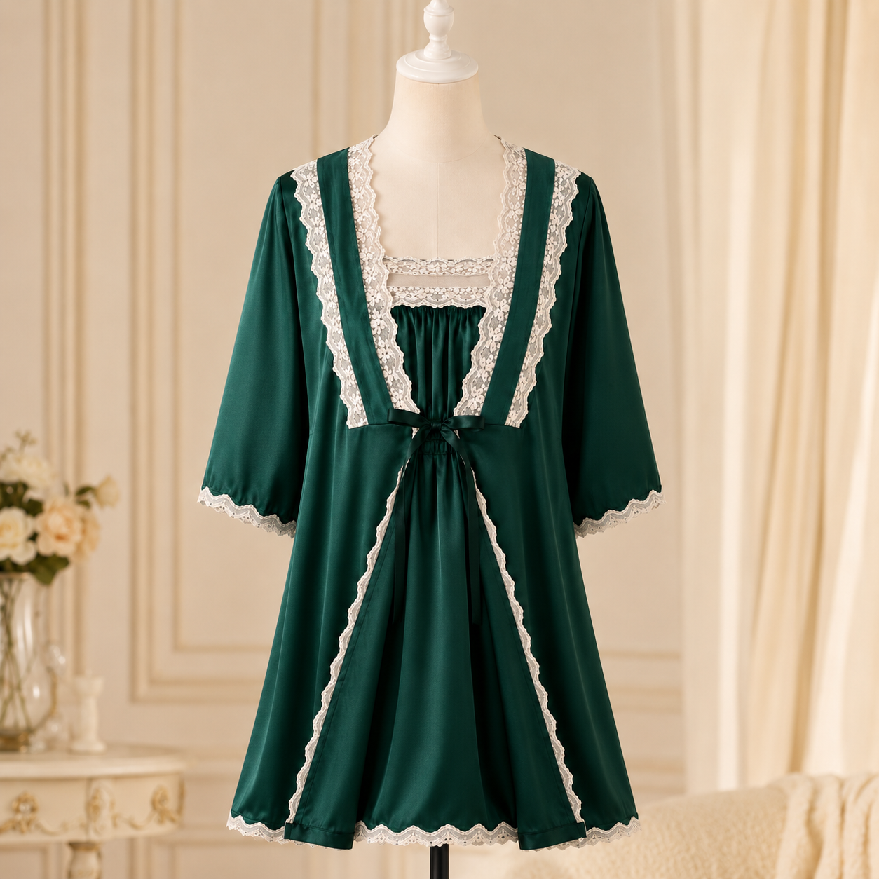 Satin Lace Nightwear Set with Matching Robe