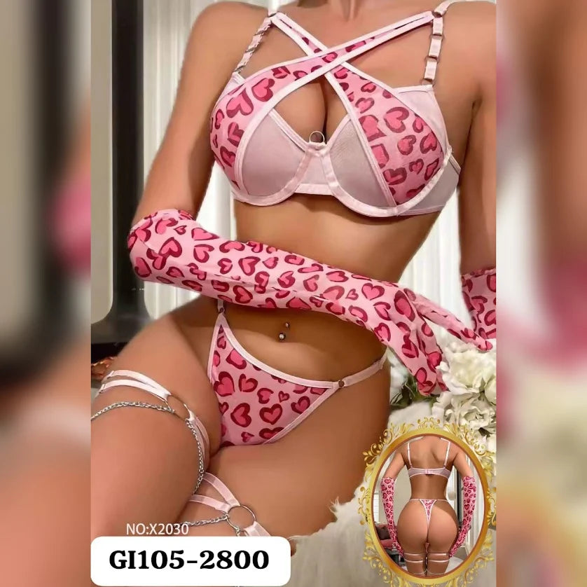 Criss Cross Lingerie Set with Chain & Gloves