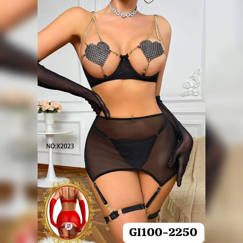 Net Short Lingerie Set with Thong & Gloves