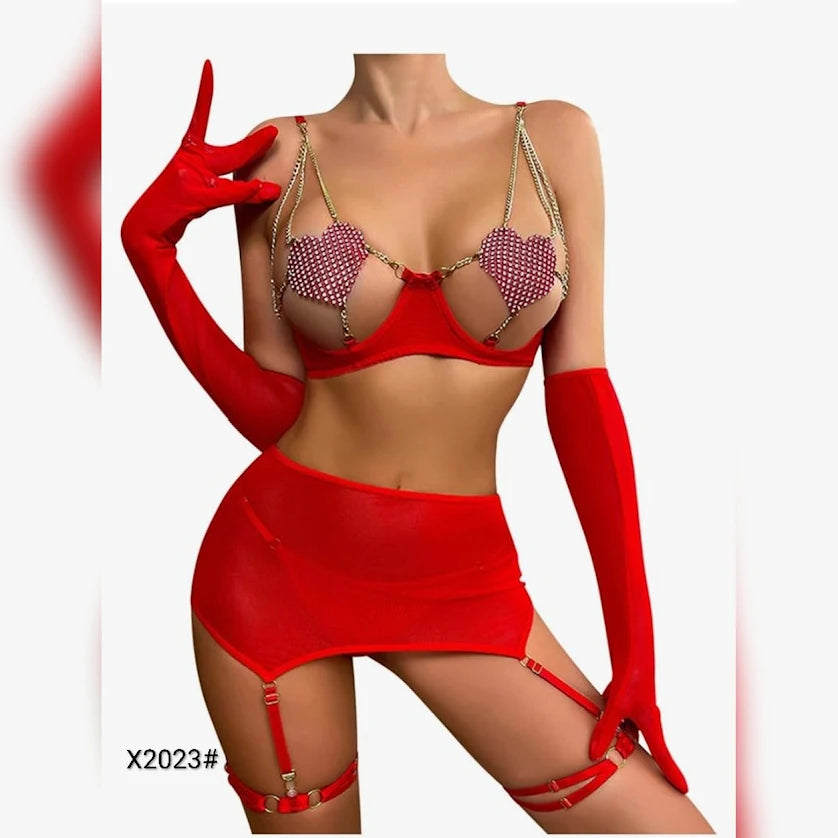 Net Short Lingerie Set with Thong & Gloves