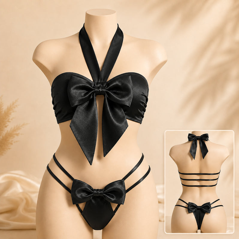 Front Open Silk Short Lingerie - Bow Bra Style