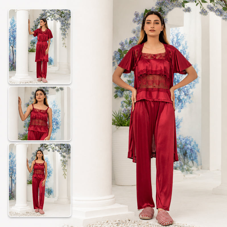 Long Silk Bridal Nighty - Net Detail Nightwear B-0036